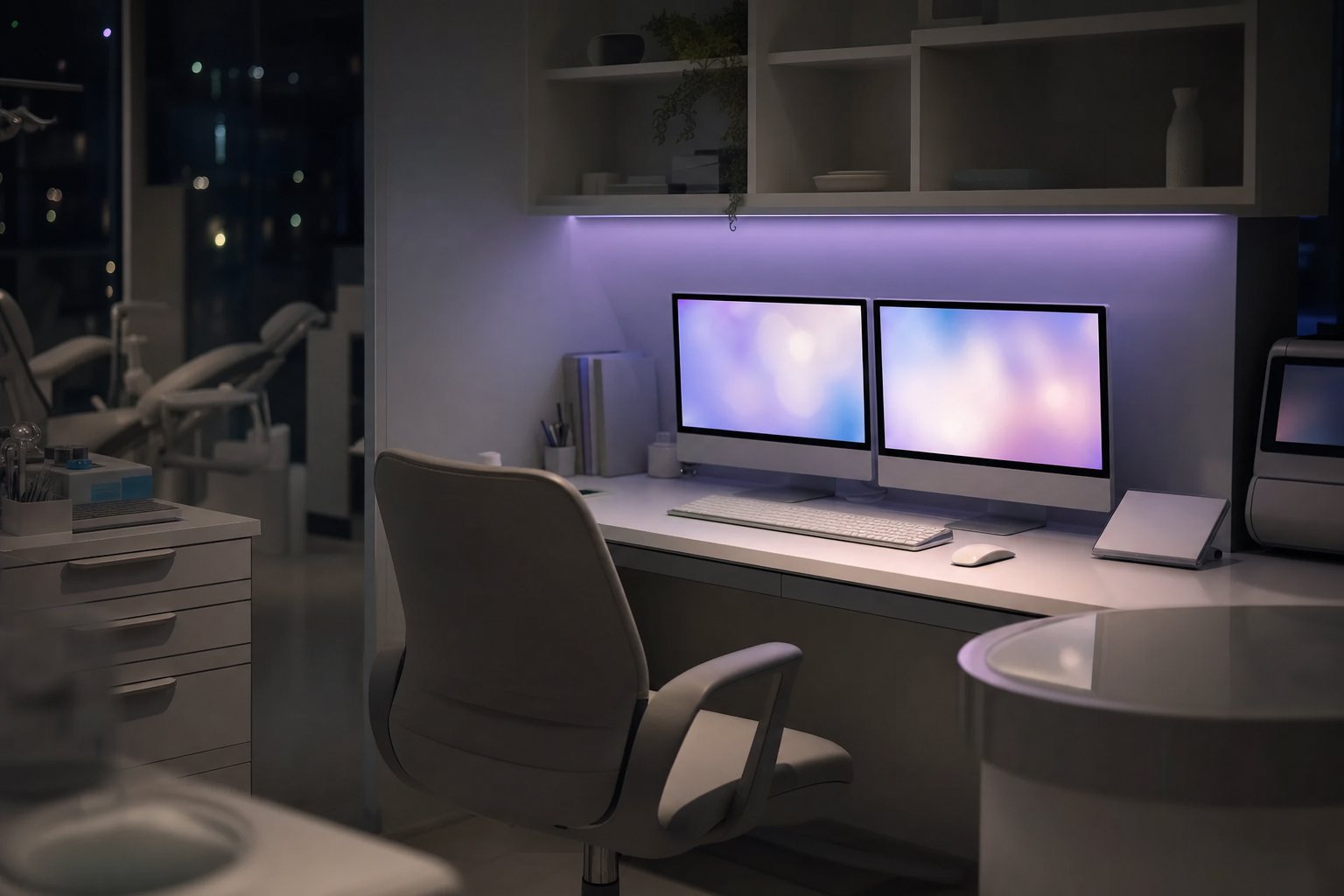 夜の院内のPCコーナー。誰もいない机の上で2台のモニタだけが淡く光っている（イメージ）