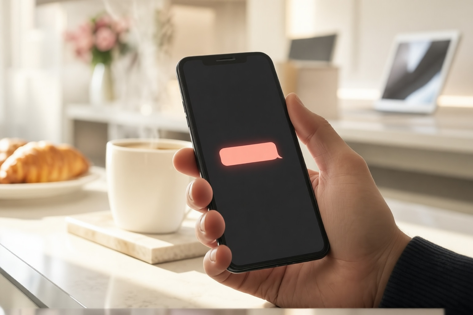 朝の食卓で、スマホに届いた短い報告を確認する手元（イメージ）