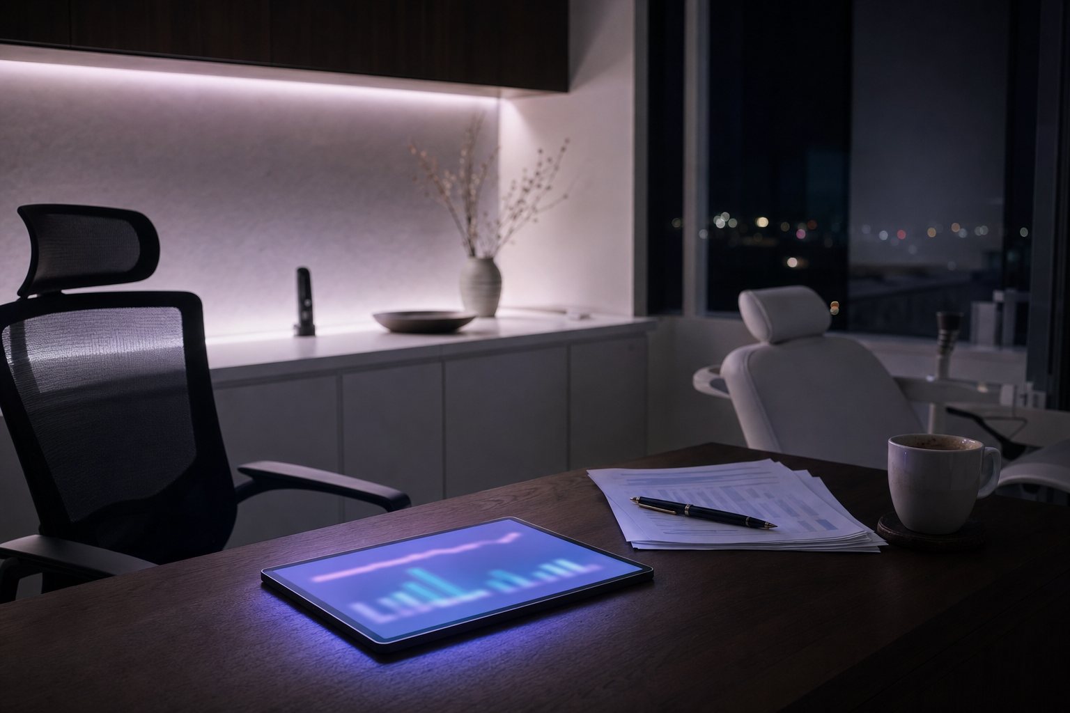 夜の院長室。デスクのタブレットにグラフが光り、印刷した集計表と冷めたコーヒーが置かれている（イメージ）