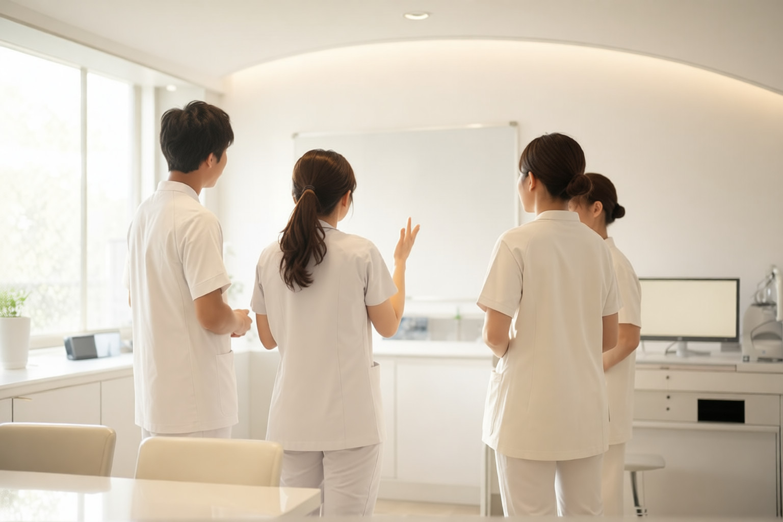 朝のスタッフルームで、数人が和やかに話している（後ろ姿・イメージ）