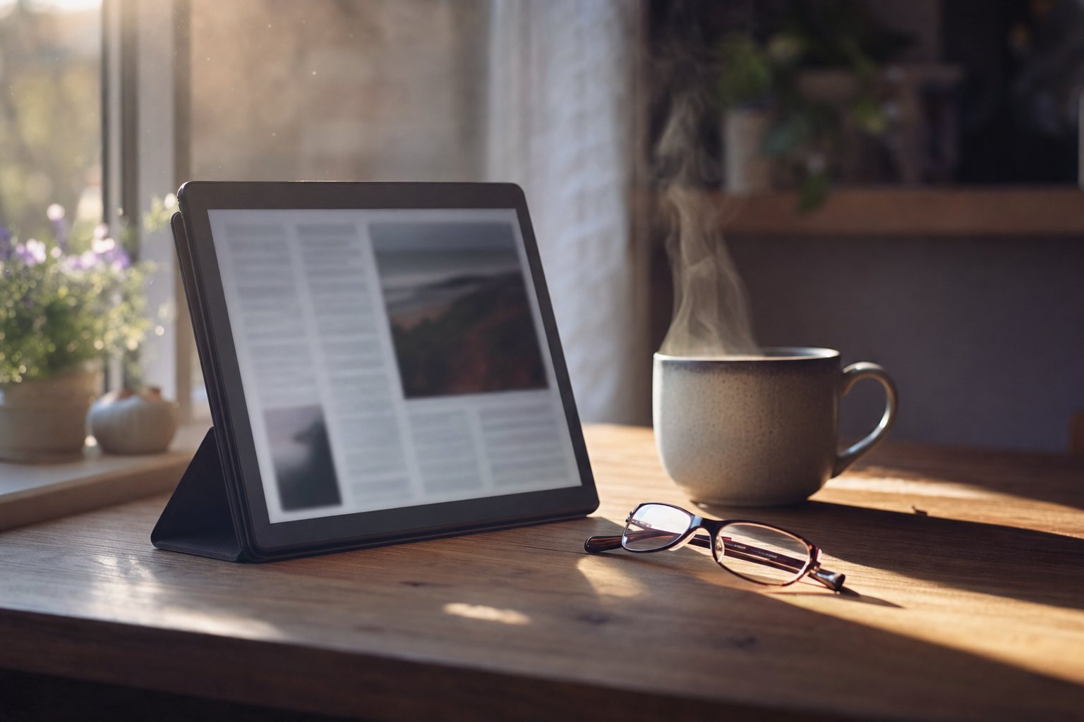 朝の食卓。タブレットに雑誌のような紙面が表示され、コーヒーと眼鏡が置かれている（イメージ）