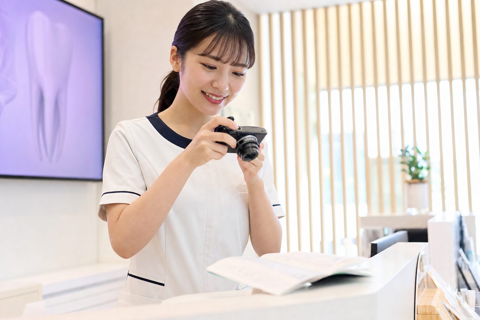 受付でお薬手帳を撮影する様子