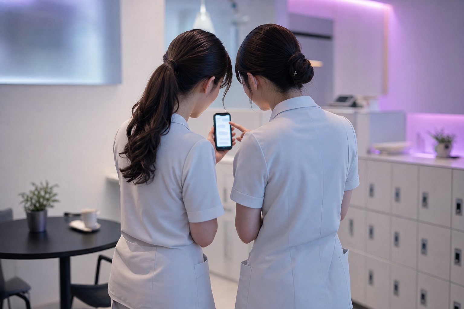 休憩室で2人のスタッフが1台のスマホを一緒に覗き込んでいる後ろ姿（イメージ）