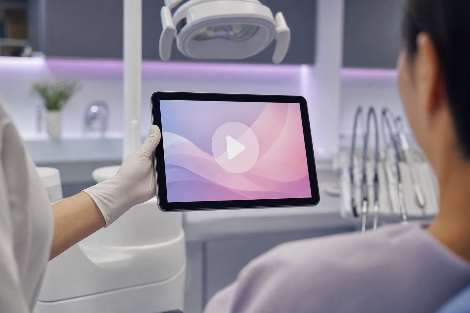 チェアサイドでタブレットの説明動画を見せる手元(イメージ)